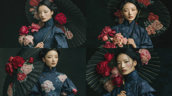 年轻东亚女性，25岁，乌黑长发盘发，面容清冷精致，妆容淡雅，身穿藏蓝色暗纹改良旗袍，姿态优雅，手持插满红粉色牡丹、芍药的黑色油纸伞，纯黑色极简背景，民国风写真，中式美学，人像特写