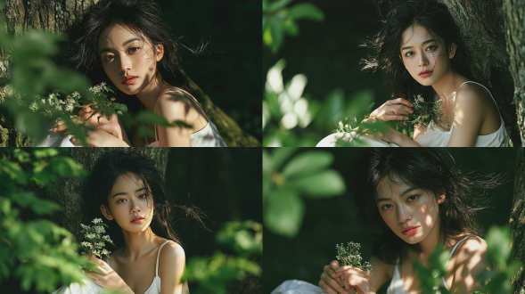 时尚杂志风格人像摄影，一名20-22岁，优雅知性的东亚少女，浓密凌乱、被风吹起的黑色长发，自然水润妆容，身着纯白色细肩带连衣裙，坐在盛夏森林中一棵粗壮古老大树的树干下，双手捧着一根缀有细小白花的小枝条；前景为虚化的绿色叶片，构成画面边框；柔和的金色侧光透过树叶斑驳洒落，光线照在面部与肩部；背景为深沉低饱和度的墨绿色森林；微风轻拂，几缕发丝随风飘动；神情宁静，清澈双眸直视观者；肌肤自然透亮；浅景深；细微胶片颗粒感；电影级柔焦效果；使用索尼 a7m4 相机拍摄，85mm f1.4 人像镜头；梦幻、静谧、清新的氛围；8k 超高细节。避免 ai 美女脸、低质量、模糊、扭曲、多余肢体、多余手指、畸形特征、过度、不足、噪点、粗糙皮肤、肤色暗沉、表情僵硬、过度平滑、塑料质感、水印、文字、边框、过度精修、塑料皮肤、暗沉肤色、明显痘印、明显皱纹、斑点、面部变形。