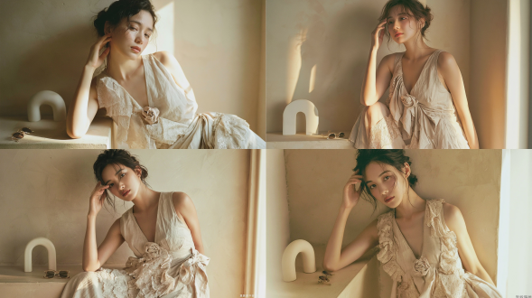 柔和温暖的侧自然光，一位优雅的东亚年轻女性肖像，肌肤柔润，头发随意扎成低发髻并带有几缕散落发丝，身着米白色无袖v领亚麻长裙，裙身饰有3d蕾丝不规则荷叶边拼接装饰，衣领处点缀一朵小型布艺玫瑰；一只手轻触额头，手肘倚靠在哑光米色水泥台面上；台面上摆放着一件简约弧形白色陶瓷艺术摆件及一副迷你复古太阳镜；背景为米色灰泥墙面；画面呈现朦胧柔焦效果，富有怀旧胶片美学风格；使用富士pro 400h胶片拍摄；低饱和度奶油色调配色；静谧慵懒氛围；细腻肌肤质感；景深控制；8k超高清分辨率。避免 ai 美女脸、低质量、模糊、扭曲、多余肢体、多余手指、畸形特征、过度、不足、噪点、粗糙皮肤、肤色暗沉、表情僵硬、过度平滑、塑料质感、水印、文字、边框、过度精修、塑料皮肤、暗沉肤色、明显痘印、明显皱纹、斑点、面部变形。