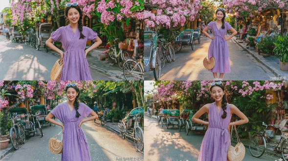 面带微笑的美丽东亚年轻女性，侧边编发发型，白色镜框太阳镜置于头顶，身着淡紫色亚麻材质挂脖式中长裙，脚踩白色百褶平底凉鞋，手提草编半圆形手袋，双手叉腰站立于东南亚古老小镇街道上；背景为盛开粉色花朵的鸡蛋花树、茂盛的热带绿色植物、停靠在路边的复古自行车、老式人力车以及当地小型街边店铺；温暖的黄金时刻日落阳光，沥青路面上投下柔和修长的影子；轻松惬意的夏日旅行氛围；胶片风格人像摄影，柔美散景效果，肌肤自然透亮；使用50mm f1.8镜头拍摄，高细节，8k画质。避免出现：多手多指、畸形手指、手指粘连、六指、断指、畸形肢体、多余肢体、皮肤瑕疵、过度磨皮，塑料感、蜡像感、瓷娃娃感、僵硬表情、面瘫、闭眼、斜视、斗鸡眼、构图失衡，过曝死白、欠曝死黑、噪点、低分辨率模糊、伪影、色边、焦外生硬、景深错误、超现实、cg感。