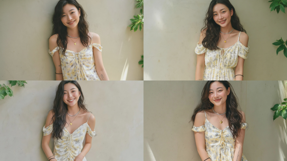 逼真肖像：一位温婉的东亚年轻女性，长而微卷的深棕色秀发，明亮柔和、甜美可人的微笑；倚靠在哑光浅米色水泥墙边；身着丝质吊带长裙，底色为本白，饰有淡黄色与灰色的小型花卉图案；前部采用褶皱抽绳设计；佩戴两层精致项链——一条镶微小水钻的颈圈，一条带有金色心形吊坠的项链；手腕戴细黑色手链；内侧前臂处有微小文字纹身；画面一角点缀着几片清新翠绿的枝叶；柔和漫射的侧自然日光；温暖柔润的色调；肌肤纹理清晰通透；整体呈现清新治愈的休闲氛围；浅景深；细微胶片颗粒感；8k超精细画质；使用索尼 a7m4 相机搭配 50mm f/1.8 镜头拍摄。负面提示词：低质量、模糊、扭曲、多余手指、多余肢体、畸形特征、过度、不足、噪点、粗糙皮肤、肤色暗沉、表情僵硬、过度平滑、塑料质感、水印、文字、边框。