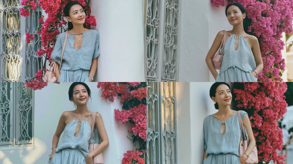 一位优雅的东亚女性 candid 肖像，二十多岁，黑发整齐向后挽起，唇角微扬、流露柔和浅笑，目光微微上扬、略偏离镜头，肌肤自然水润；身着浅天蓝色质感亚麻抹胸上衣，领口处饰有小巧钥匙孔镂空设计，搭配同色系宽松亚麻长裙；佩戴精致细小的钻石项链与纤薄银色腕表；一手插在裙袋中；肩挎一只淡粉色皮革水桶包；站立于纯白灰泥墙面旁，墙面满覆明艳的粉红色九重葛花朵；左侧为复古浅灰色铸铁窗格；午后柔和漫射阳光，自然光照，胶片颗粒感，使用柯达 portra 400 拍摄，背景虚化柔美，日常随性美学风格，真实细腻的皮肤质感，温暖柔和色调，8k 高细节。负面提示词：低质量、模糊、扭曲、多余手指、多余肢体、畸形特征、过度、不足、噪点、粗糙皮肤、肤色暗沉、表情僵硬、过度平滑、塑料质感、水印、文字、边框。