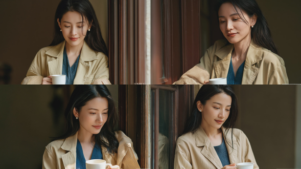 写实人像，优雅的东亚年轻女性，柔顺修长的乌黑长发，温婉柔和的气质，垂眸凝视，放松而浅淡的微笑，佩戴小巧的珍珠耳钉，身着浅卡其色休闲西装外套，袖口饰有米白色细条纹衬里，内搭深蓝色肌理感上衣，手持纯白陶瓷咖啡杯，倚靠在复古深棕色木质窗框旁，柔和侧向自然背光，温暖的午后漫射阳光，细腻胶片颗粒质感，柔和低对比度布光，背景为虚化暗淡的纯色墙面，宁静平和的氛围，自然真实的肌肤纹理，使用索尼 a7r iv 拍摄，85mm f/1.8 镜头，8k 超高细节，专业级精细人像摄影。避免 ai 美女脸、低质量、模糊、扭曲、多余肢体、多余手指、畸形特征、过度、不足、噪点、粗糙皮肤、肤色暗沉、表情僵硬、过度平滑、塑料质感、水印、文字、边框、过度精修、塑料皮肤、暗沉肤色、明显痘印、明显皱纹、斑点、面部变形。