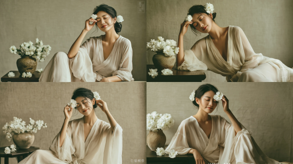 优雅东方年轻女性人像，闭着眼睛浅笑，几缕碎发丝拂过脸颊，黑发低盘发髻插着白色绣球花，一只手抬起指尖捏着小白花轻触额头，身穿宽松透感米白色雪纺新中式v领长袍，慵懒坐于深黑胡桃木矮桌旁，粗陶扁花瓶装满白绣球花摆在桌面上，桌面还散落一小簇白绣球，背景是素净肌理感浅卡其亚麻墙面，暖调柔和侧逆光，自然光感低饱和度莫兰迪配色，极简新中式禅意美学，皮肤通透自然，朦胧柔焦氛围感，专业棚拍人像摄影，85mm f1.4镜头拍摄，细腻胶片质感，浅景深，构图雅致 。避免 ai 美女脸、低质量、模糊、扭曲、多余肢体、多余手指、畸形特征、过度、不足、噪点、粗糙皮肤、肤色暗沉、表情僵硬、过度平滑、塑料质感、水印、文字、边框、过度精修、塑料皮肤、暗沉肤色、明显痘印、明显皱纹、斑点、面部变形。