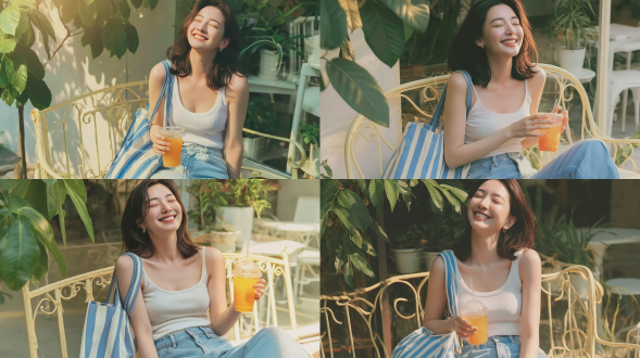 商业杂志写真照片，年轻美丽的东亚女性，齐肩深棕色头发，闭眼，头后仰，灿烂开心的露齿笑，小巧耳钉，身穿白色修身吊带背心，浅蓝色高腰牛仔裤，肩上挎着蓝白条纹托特包，手拿装有橙色冰饮的透明塑料杯，坐在街边咖啡店外的奶油黄色铁艺长椅上，午后柔和温暖的漫射阳光，上方背景有绿色树叶，玻璃橱窗内摆放着盆栽和白色家具，放松慵懒的夏日氛围，清新低饱和度柔和色彩，自然柔软的皮肤质感，朦胧明亮的气氛，浅景深，韩国日常肖像风格，索尼a7m4 50mm f/1.8拍摄。避免 ai 美女脸、低质量、模糊、扭曲、多余肢体、多余手指、畸形特征、过度、不足、噪点、粗糙皮肤、肤色暗沉、表情僵硬、过度平滑、塑料质感、水印、文字、边框、过度精修、塑料皮肤、暗沉肤色、明显痘印、明显皱纹、斑点、面部变形。