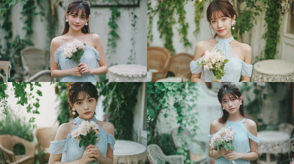 时尚杂志风格全身人像摄影，一名20-22岁优雅知性的东亚少女，浅棕色空气刘海半扎发型，小巧珍珠花朵耳钉，白皙肌肤，身穿浅淡蓝色挂脖无袖连衣裙，手捧一束淡粉色小花配绿叶，站在舒适复古的后院中，背景模糊的绿色藤蔓植物，藤编椅子，背景中铺有蕾丝的圆桌，柔和阴天的自然光线，浅景深，清新柔和的色彩调色，日系甜美肖像风格，使用85mm f/1.4镜头拍摄，富士xt4，光滑的皮肤质感，温暖柔和的氛围。负面提示词：低质量、模糊、扭曲、多余手指、多余肢体、畸形特征、过度、不足、噪点、粗糙皮肤、肤色暗沉、表情僵硬、过度平滑、塑料质感、水印、文字、边框。