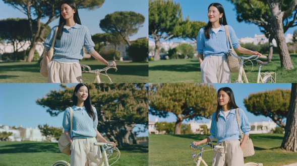 中景全身，年轻优雅的东亚女性，长发顺滑黑直，面带温婉浅笑，目光看向画面左侧，身着浅蓝色纹理针织短袖polo衫，内搭白色打底，宽松的米白色亚麻阔腿裤，慵懒地挎着米色草编单肩包，右手握着复古奶油色城市自行车车把，左手插在裤兜里，站在阳光明媚的绿色草坪上，背景有老松树和模糊的白色建筑，清澈明亮的蓝天，温暖的春日侧光，柯达portra 400胶片人像，柔和的背景虚化，自然的皮肤质感，清新治愈的日常氛围，明亮柔和的色彩调性，超写实，高细节8k。负面提示词：低质量、模糊、扭曲、多余手指、多余肢体、畸形特征、过度、不足、噪点、粗糙皮肤、肤色暗沉、表情僵硬、过度平滑、塑料质感、水印、文字、边框。