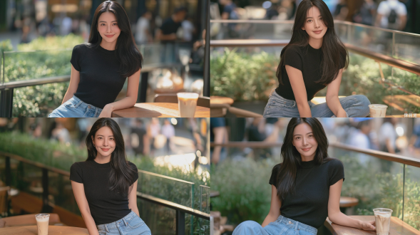 商业级时尚杂志摄影，一位优雅的年轻东亚女性，长发顺滑笔直乌黑，温柔柔和的微笑直视镜头，身穿黑色合体短袖针织上衣，高腰修身高腰浅蓝色牛仔裤，半坐在木质咖啡桌边缘，桌上放着一杯冰牛奶饮品，背景是户外城市咖啡厅露台，模糊的绿色植被，玻璃栏杆，失焦的远处行人，柔和的午后自然光线，逼真细腻的皮肤纹理，无过度磨皮，使用索尼a7m4相机，85mm f/1.4镜头拍摄，极浅景深，柔和的圆形散景，自然色彩分级，高细节，8k分辨率。避免 ai 美女脸、低质量、模糊、扭曲、多余肢体、多余手指、畸形特征、过度、不足、噪点、粗糙皮肤、肤色暗沉、表情僵硬、过度平滑、塑料质感、水印、文字、边框、过度精修、塑料皮肤、暗沉肤色、明显痘印、明显皱纹、斑点、面部变形。