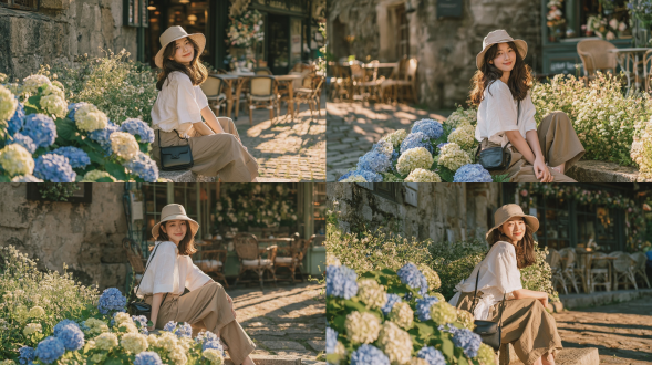 一位美丽的年轻东亚女性坐在欧洲乡村咖啡馆外的石阶上，头微微转向镜头，露出温柔浅笑。她戴着米色亚麻渔夫帽，身穿宽松的白色亚麻短袖上衣，下身是卡其色阔腿休闲裤，背着黑色小号皮质斜挎包。前景满是盛开的蓝色和淡绿色绣球花，以及茂密的野生小花。背景是古朴斑驳的旧石墙咖啡馆，配有复古藤编户外家具，花饰点缀的店面。温暖的金色时光阳光斑驳洒落，鹅卵石路面上投下柔长的阴影。使用索尼a7r5拍摄，85mm f/1.8镜头，浅景深，自然柔和的焦外虚化，真实旅行摄影风格，温暖舒适宁静的氛围，超细节，轻微胶片颗粒感。避免 ai 美女脸、低质量、模糊、扭曲、多余肢体、多余手指、畸形特征、过度、不足、噪点、粗糙皮肤、肤色暗沉、表情僵硬、过度平滑、塑料质感、水印、文字、边框、过度精修、塑料皮肤、暗沉肤色、明显痘印、明显皱纹、斑点、面部变形。