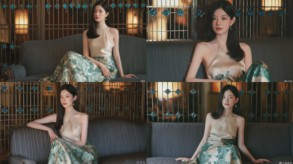 照片级真实肖像，优雅纤细的东亚年轻女性，长直顺滑黑发，精致淡妆，向左斜视，佩戴小巧金色水滴耳环，浅米色蕾丝边真丝吊带衫，青绿色印花牡丹花缎面长裙，坐在深灰色条纹织物复古沙发上，背景是新中式风格金属格栅隔断镶嵌蓝色玻璃菱形装饰，温暖柔和的室内环境光，电影感柔光，使用85mm f/1.4镜头拍摄，浅景深，自然真实皮肤纹理，柔和低饱和度奢华色调，轻微胶片颗粒感，高细节，面部对焦清晰锐利。。避免 ai 美女脸、低质量、模糊、扭曲、多余肢体、多余手指、畸形特征、过度、不足、噪点、粗糙皮肤、肤色暗沉、表情僵硬、过度平滑、塑料质感、水印、文字、边框、过度精修、塑料皮肤、暗沉肤色、明显痘印、明显皱纹、斑点、面部变形。