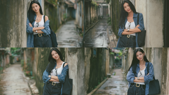 商业级时尚杂志摄影，一位24岁左右，优雅知性的东亚女性，长发乌黑顺滑直垂，嘴角带着温柔浅笑，倚靠在一面斑驳的混凝土墙上，双臂交叉于心口。内穿白色吊带背心，外罩宽松的蓝色格纹大衬衫，下身着深色高腰直筒牛仔裤，腰间系着金色方形扣黑色皮带，颈间戴银色十字架项链，腕上戴银色方形手表，衬衫领口挂着黑色眼镜，肩上挎一只黑色帆布托特包。她站在复古老城区的居民小巷中，墙面斑驳，残留着旧苔痕，石砌巷路湿润，远处是模糊的焦外虚化。柔和的漫射自然光，呈现90年代复古胶片肖像风格，柯达金200胶片，自然皮肤质感，浅景深，超写实，高细节，轻微的胶片颗粒感。避免 ai 美女脸、低质量、模糊、扭曲、多余肢体、多余手指、畸形特征、过度、不足、噪点、粗糙皮肤、肤色暗沉、表情僵硬、过度平滑、塑料质感、水印、文字、边框、过度精修、塑料皮肤、暗沉肤色、明显痘印、明显皱纹、斑点、面部变形。