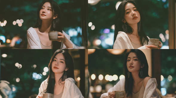 年轻美丽的东亚女性，黑色长直发，柔和精致的五官，涂暖陶土色口红，佩戴流苏金属垂坠耳环，穿着宽松休闲的白色亚麻衬衫，内搭浅米色吊带，双手捧着一个有纹理的陶瓷咖啡杯，头部微微上仰，表情安静温柔，场景在舒适的昏暗深夜咖啡馆，背景是模糊的圆形光斑，窗外是朦胧的暗绿色夜间树叶景色，使用富士portra 400胶片拍摄，柔和的暖侧光，电影感的温暖氛围，低饱和度色调，极浅的景深，奶油般柔和的虚化，自然的细腻胶片颗粒，使用85mm f/1.4镜头拍摄，中近景肖像，真实自然的皮肤纹理，高细节。避免 ai 美女脸、低质量、模糊、扭曲、多余肢体、多余手指、畸形特征、过度、不足、噪点、粗糙皮肤、肤色暗沉、表情僵硬、过度平滑、塑料质感、水印、文字、边框、过度精修、塑料皮肤、暗沉肤色、明显痘印、明显皱纹、斑点、面部变形。