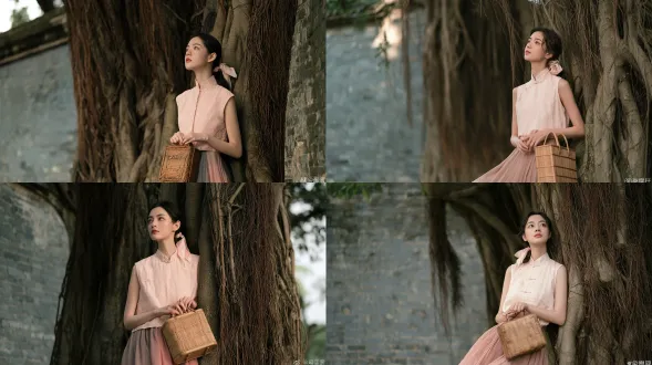 电影级美术人像摄影，优雅温婉的年轻东亚女性，低马尾以浅粉色丝缎发带系扎，身着淡粉色刺绣无袖立领衬衫，搭配灰粉色调垂坠雪纺长裙，手挽复古方形藤编手提包，头部微微倾斜仰望上方，神情柔和疏离而沉静，倚靠覆满繁密交缠气根的古老大榕树，背景为风化斑驳的灰蓝色旧砖墙，阴天柔和漫射自然光，充满怀旧的1930年代民国复古美学，85mm f/1.4人像镜头拍摄，浅景深，柔美散景，低饱和低对比莫兰迪色系，细腻自然的肌肤质感，静谧忧郁的氛围感。。避免 ai 美女脸、低质量、模糊、扭曲、多余肢体、多余手指、畸形特征、过度、不足、噪点、粗糙皮肤、肤色暗沉、表情僵硬、过度平滑、塑料质感、水印、文字、边框、过度精修、塑料皮肤、暗沉肤色、明显痘印、明显皱纹、斑点、面部变形。