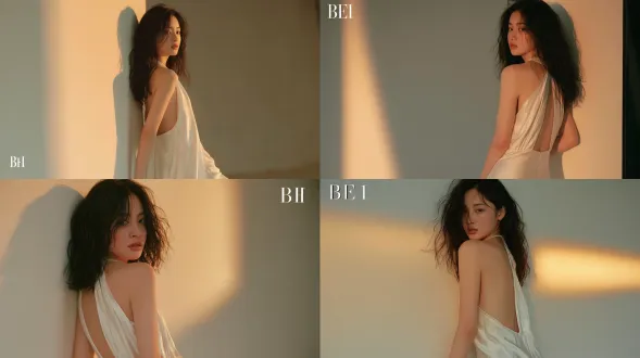 年轻美丽的东亚女性，蓬松自然黑色波浪长发，回眸望向镜头，身着纯白色缎面挂脖深v露背长裙，倚靠米白色墙面，温暖金色夕阳侧逆光，墙面上柔和渐变光影，柔和朦胧边缘，极简高级情绪肖像，室内人像摄影，低饱和度柔和色彩，85mm f/1.4镜头拍摄，柯达portra 400胶片质感，自然柔和阴影，氛围感强烈，画面干净无多余元素。避免 ai 美女脸、低质量、模糊、扭曲、多余肢体、多余手指、畸形特征、过度、不足、噪点、粗糙皮肤、肤色暗沉、表情僵硬、过度平滑、塑料质感、水印、文字、边框、过度精修、塑料皮肤、暗沉肤色、明显痘印、明显皱纹、斑点、面部变形。