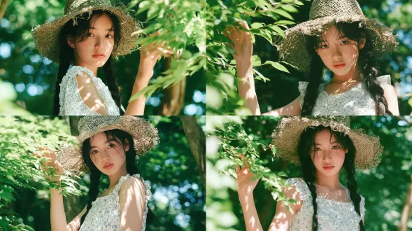 美丽的年轻东亚女孩，一头浓密乌黑的长发编成两条辫子，头戴磨损毛边编织草宽檐帽，身穿带有细小蓝色碎花和荷叶边装饰的白色无袖连衣裙，站在茂密葱郁的夏日绿色森林中，手轻轻触碰着鲜嫩的绿叶，直视镜头，柔和斑驳的阳光透过树叶在肌肤和手臂上投下光点，水润透亮的肌肤，柔和的自然逆光，日系复古胶片人像，清新明亮的青柠绿色调，背景是虚化的绿色 foliage 散景，柯达 portra 400 胶片，细微的胶片颗粒感，温柔梦幻的治愈氛围，中景镜头，浅景深。避免 ai 美女脸、低质量、模糊、扭曲、多余肢体、多余手指、畸形特征、过度、不足、噪点、粗糙皮肤、肤色暗沉、表情僵硬、过度平滑、塑料质感、水印、文字、边框、过度精修、塑料皮肤、暗沉肤色、明显痘印、明显皱纹、斑点、面部变形。