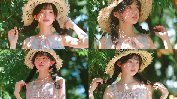 治愈系夏日人像，日本少女，肌肤白皙柔嫩如凝脂，双颊透出淡粉色自然红晕，神情纯真可爱，齐刘海，乌黑亮丽的粗双麻花辫，头戴磨边中空编织草帽，身着无袖淡粉与浅蓝格纹亚麻连衣裙，领口系蝴蝶结缎带，裙摆饰荷叶边，少女一手轻轻捻着辫梢，目光侧向远方，明亮夏日户外庭院，金色逆光透过茂密绿叶洒落，斑驳光点落在肌肤与裙摆上，绿色植物背景虚化成柔和光斑，清新日系人像摄影，光线柔和温暖，肌肤水润透亮，梦幻治愈氛围，轻微胶片颗粒感，细节高保真，使用50mm f/1.8定焦镜头拍摄。避免 ai 美女脸、低质量、模糊、扭曲、多余肢体、多余手指、畸形特征、过度、不足、噪点、粗糙皮肤、肤色暗沉、表情僵硬、过度平滑、塑料质感、水印、文字、边框、过度精修、塑料皮肤、暗沉肤色、明显痘印、明显皱纹、斑点、面部变形、肢体变形。
