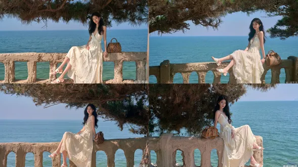 超写实旅行肖像照片，优雅美丽的年轻东亚女性，长而蓬松的黑色波浪发，温柔柔和的微笑，穿着奶油白色吊带深v飘逸雪纺长裙，白色h型平底穆勒凉鞋，侧坐在风化粗糙中空的沿海石栏杆上，一个复古棕色字母组合皮革手提包放在她旁边的栏杆上，画面上方自然地被茂密的老松树枝和松针框住，背景是明亮无云蓝天下的广阔清澈碧绿海洋，明亮温暖的午间自然阳光，柔和自然的阴影，清晰的面部特征，自然真实的皮肤纹理，清新浪漫的海滨氛围，使用索尼a7r4相机，85mm f1.8镜头拍摄，8k高分辨率，超详细。避免 ai 美女脸、低质量、模糊、扭曲、多余肢体、多余手指、畸形特征、过度、不足、噪点、粗糙皮肤、肤色暗沉、表情僵硬、过度平滑、塑料质感、水印、文字、边框、过度精修、塑料皮肤、暗沉肤色、明显痘印、明显皱纹、斑点、面部变形、肢体变形。