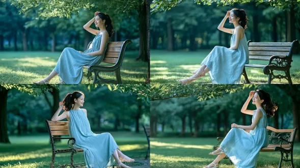 东亚年轻女性的全身肖像，温柔优雅，黑色高马尾，侧脸微笑柔和，一只手抬起轻触秀发，身着浅蓝色无袖宽松长裙，脚穿白色平底细带凉鞋，坐在复古木质与铸铁公园长椅上，四周环绕着郁郁葱葱的夏季森林公园，柔和的晨光透过树叶洒落斑驳光影，翠绿草坪清新宜人，背景为虚化的森林散景，宁静治愈的氛围，写实人像摄影，使用85mm f/1.4镜头拍摄，浅景深，自然柔和的冷色调，高细节，对人物清晰对焦，明亮干净的色彩。避免 ai 美女脸、低质量、模糊、扭曲、多余肢体、多余手指、畸形特征、过度、不足、噪点、粗糙皮肤、肤色暗沉、表情僵硬、过度平滑、塑料质感、水印、文字、边框、过度精修、塑料皮肤、暗沉肤色、明显痘印、明显皱纹、斑点、面部变形、肢体变形。