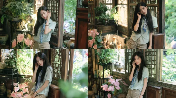 照片级真实肖像，20岁纤细东方女孩，及腰顺滑乌黑长发，白皙肌肤，柔和温婉的五官，站在复古中式茶馆中，一只手轻轻触碰耳朵，凝视镜头，穿着淡薄荷绿短袖衬衫，蓝白印花丝巾系在领口，卡其色休闲短裤，手腕上戴着纤细黑色手链，老式木格窗，柔和的自然阳光透过玻璃洒入，黑色金属架上摆满各种绿色室内植物，粉色彩叶芋，复古陶瓷花瓶和陶器，窗边是旧式木质柜子，窗外模糊的绿色 foliage (植物)，柔和漫射日光，浅景深，清新柔和胶片质感，轻微柔焦，明亮宁静的夏日氛围，使用 sony a7iv 拍摄，50mm f/1.8 镜头，高细节，8k。避免 ai 美女脸、低质量、模糊、扭曲、多余肢体、多余手指、畸形特征、过度、不足、噪点、粗糙皮肤、肤色暗沉、表情僵硬、过度平滑、塑料质感、水印、文字、边框、过度精修、塑料皮肤、暗沉肤色、明显痘印、明显皱纹、斑点、面部变形。
