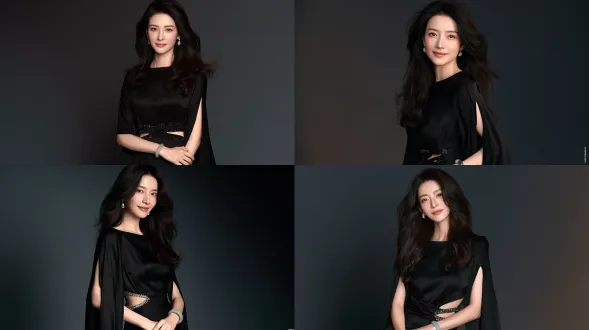 优雅年轻的东亚女性，温婉柔和的浅笑，精致自然的妆容，乌黑亮泽的长波浪卷发垂落肩头，小巧钻石耳钉，手腕佩戴白玉手镯，身着高级黑色缎面长裙，腰部精致镂空处镶嵌闪亮水钻，不规则四分之三开叉袖设计，专业商业人像影棚拍摄，深炭灰色渐变哑光纯色背景，柔和伦勃朗侧光，层次丰富的光影，真实皮肤质感，超清晰细腻细节，8k超写实，高端时尚人像，85毫米f1.4镜头拍摄，自然浅景深。避免 ai 美女脸、低质量、模糊、扭曲、多余肢体、多余手指、畸形特征、过度、不足、噪点、粗糙皮肤、肤色暗沉、表情僵硬、过度平滑、塑料质感、水印、文字、边框、过度精修、塑料皮肤、暗沉肤色、明显痘印、明显皱纹、斑点、面部变形。