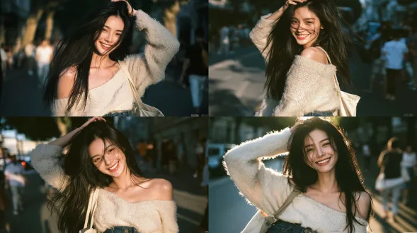 时尚杂志中近景人像，容貌出众的年轻东亚女性，顺滑乌黑的长发，几缕发丝拂过脸颊，明媚温暖的露齿笑容，身着软糯毛绒质感的米白色宽松露肩短款针织毛衣，复古深蓝色低腰牛仔裤，帆布托特包斜挎在肩头，一只手臂抬起，手放在头顶，城市街道上，黄金时刻的逆光透过悬铃木洒落，背景行人虚化形成散景效果，柯达portra 400胶片颗粒感，自然真实的皮肤质感，发丝与肩膀柔和轮廓光，温暖复古调色，浅景深，超写实，电影感人像，高细节。避免 ai 美女脸、低质量、模糊、扭曲、多余肢体、多余手指、畸形特征、过度、不足、噪点、粗糙皮肤、肤色暗沉、表情僵硬、过度平滑、塑料质感、水印、文字、边框、过度精修、塑料皮肤、暗沉肤色、明显痘印、明显皱纹、斑点、面部变形。