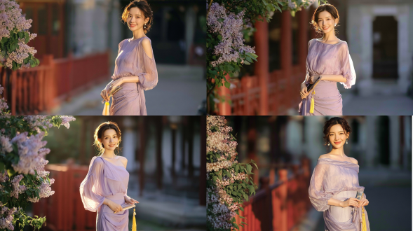 中全景人像，年轻优雅美丽的东亚女性，明媚温暖的笑容，柔和盘发，小巧珍珠耳饰，身着淡紫色真丝缎面垂领无袖上衣与同色系高腰长裙，手持带有黄色流苏的小巧扇柄，立于中式传统庭院中盛放的丁香树旁；画面左侧是淡紫色丁香花与绿叶，背景为虚化的红色木栅栏、朦胧的古建廊道；黄金时刻柔和侧逆光，发丝带有温暖轮廓光，柔和奶油感散景，85毫米f1.8镜头拍摄，富士nc胶片模拟，自然真实的皮肤质感，柔和调色，温婉东方美学，浅景深。避免 ai 美女脸、低质量、模糊、肢体扭曲、多余肢体、多余手指、畸形特征、过度、不足、噪点、粗糙皮肤、肤色暗沉、表情僵硬、过度平滑、塑料质感、水印、文字、边框、过度精修、塑料皮肤、暗沉肤色、明显痘印、明显皱纹、斑点、面部变形。