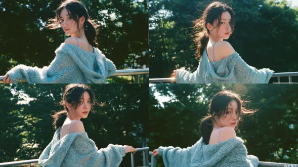 写实柔和人像，优雅的年轻东亚女性，黑色低松马尾，碎发随风飘动，回头越过肩头望向镜头，神情柔和沉静，宽松软糯杂色薄荷蓝针织连帽衫从肩头滑落，露出淡紫色细吊带，一只手搭在金属阳台栏杆上；背景是斑驳阳光洒落的茂密深绿色夏日树木，黄金时刻逆光，发丝与肩头环绕发光轮廓光，柔和自然的太阳光晕；柯达gold 200 35毫米胶片拍摄，细微胶片颗粒，背景柔和虚化散景，清新治愈夏日氛围，自然细腻皮肤质感，不过度磨皮，冷暖色调柔和平衡，高细节，8k。避免 ai 美女脸、低质量、模糊、肢体扭曲、多余肢体、多余手指、畸形特征、曝光过度、曝光不足、噪点、粗糙皮肤、肤色暗沉、表情僵硬、过度平滑、塑料质感、水印、文字、边框、过度精修、塑料皮肤、暗沉肤色、明显痘印、明显皱纹、斑点、面部变形、肢体变形。