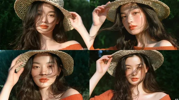 东亚年轻优雅女性，五官柔和精致，深棕色长卷发，几缕碎发轻拂，一只手轻扶镂空编织草帽帽檐，身穿橘色露肩螺纹亚麻上衣，清透自然的妆效，哑光橘色唇膏，黄金时段柔和侧光，斑驳树影投射在脸颊上，肌肤透亮微光，可见细腻自然纹理，背景为模糊的浓密深绿灌木丛，夏日午后户外自然光，柯达gold 200胶片人像摄影，85mm f/1.4镜头拍摄，浅景深，柔和圆形散景，温暖柔和的色调，超高细节，自然毛孔质感，温柔治愈的氛围。避免 ai 美女脸、低质量、模糊、肢体扭曲、多余肢体、多余手指、畸形特征、曝光过度、曝光不足、噪点、粗糙皮肤、肤色暗沉、表情僵硬、过度平滑、塑料质感、水印、文字、边框、过度精修、塑料皮肤、暗沉肤色、明显痘印、明显皱纹、斑点、面部变形、肢体变形。
