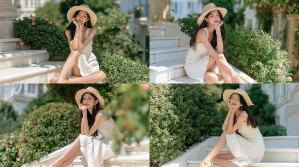优雅的东亚年轻女性，留着黑色长直发，头戴米色草帽，身着无袖纯白色迷你连衣裙，细高跟凉鞋，佩戴精致小巧的垂坠耳环与细金手镯，双腿交叉坐在户外白色大理石台阶上，双手托住下巴，温婉甜美的笑容，目光柔和看向一旁，明亮柔和的漫射夏日日光，四周环绕着点缀着粉色小花的茂密绿色灌木，远处是模糊的绿色枝叶与白色欧式建筑，专业人像摄影，50mm f/1.8镜头拍摄，浅景深，自然通透的皮肤质感，清新明亮的柔和马卡龙色调，柔和散景，超写实，8k高细节‑。避免 ai 美女脸、低质量、模糊、扭曲、多余肢体、多余手指、畸形特征、过度、不足、噪点、粗糙皮肤、肤色暗沉、表情僵硬、过度平滑、塑料质感、水印、文字、边框、过度精修、塑料皮肤、暗沉肤色、明显痘印、明显皱纹、斑点、面部变形。