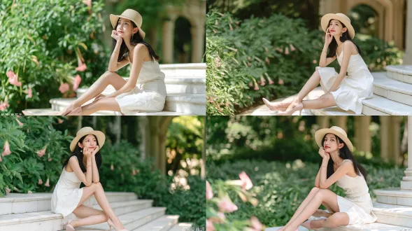 全身镜头，优雅的年轻东亚女性，黑色长直发，头戴米色草帽，身着无袖简约白色迷你连衣裙，浅粉色细高跟凉鞋，佩戴精致小巧耳环与细手镯，盘腿坐在户外白色大理石台阶上，双手轻托下巴，淡淡微笑，视线望向一旁，肌肤白皙顺滑，淡妆，背景是繁茂翠绿的植物枝叶，点缀数朵粉色喇叭状小花，远处是虚化的欧式别墅回廊，夏日柔和漫射自然光，浅景深，清新人像美学，85毫米 f/1.4镜头拍摄，柔和散景，干净明亮的马卡龙调色，高细节，写实照片。避免 ai 美女脸、低质量、模糊、肢体扭曲、多余肢体、多余手指、畸形特征、曝光过度、曝光不足、噪点、粗糙皮肤、肤色暗沉、表情僵硬、过度平滑、塑料质感、水印、文字、边框、过度精修、塑料皮肤、暗沉肤色、明显痘印、明显皱纹、斑点、面部变形、肢体变形。