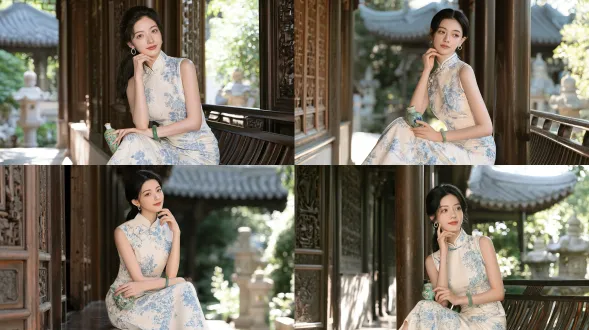 照片级写实人像，优雅的年轻东亚女性，顺滑乌黑长发半束起，温婉浅笑，视线望向右侧，一只手轻托下巴，另一只手握着带花饰瓶口的青绿色小瓷瓶，手腕佩戴细款绿玉镯，小巧银色圆环耳饰，身着无袖立领长款旗袍，米白底色面料印有精致青花风格蓝色花卉纹样，坐在中国古典园林木质回廊的深色实木长凳上；背景可见复古雕花木柱、木格窗，远处灰色中式屋檐、朦胧石灯、繁茂夏日绿植；柔和明亮的侧方自然光，阳光光斑散景，浅景深，真实自然的皮肤质感；索尼a7m4相机搭配85mm f/1.4镜头拍摄，8k超高细节，柔和雅致的中式复古美学，低饱和度温润色调。避免 ai 美女脸、低质量、模糊、肢体扭曲、多余肢体、多余手指、畸形特征、曝光过度、曝光不足、噪点、粗糙皮肤、肤色暗沉、表情僵硬、过度平滑、塑料质感、水印、文字、边框、过度精修、塑料皮肤、暗沉肤色、明显痘印、明显皱纹、斑点、面部变形、肢体变形。