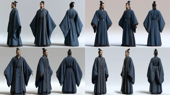 国风3d cg动画人物三视图设定板，半写实卡通渲染，次世代pbr材质。主体为屈原：男性，约50岁，身高约1.82米，清瘦挺拔，窄长脸、高额、深眼窝、直鼻、短须、高束发；肩背挺直，站姿稳定。 > 三视图并排排版：正面、左侧面、背面三个全身立姿，同一光线、同一造型，每格脚底与头顶留少量空白，人物占单格高度约八成并居中。 > 服装为深青黑楚式交领宽袖长袍、暗金云纹窄缘，腰间青玉组佩自然垂坠；衣料是带细织纹的哑光丝麻，不是亮面戏服。发型为高束发配深色发冠，短须修剪整齐，鬓角自然。 > 皮肤、须发与织物质感用pbr写实处理，电影级光影，低饱和度国风冷色调，柔和体积雾只作极淡背景空气；背景为中性浅灰，均匀柔和光，便于识别。 > 保持窄长脸、高额、深眼窝、直鼻、短须、高束发；排除塑料皮肤、游戏引擎高光、卡通大头、日漫大眼、第二套服装、动态姿势、字幕、文字、logo和水印。