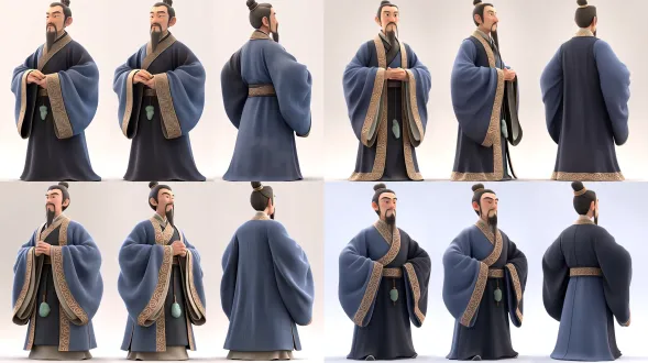 国风3d cg动画人物三视图设定板，半写实卡通渲染，次世代pbr材质。主体为屈原：男性，约50岁，身高约1.82米，清瘦挺拔，窄长脸、高额、深眼窝、直鼻、短须、高束发；肩背挺直，站姿稳定。 > 三视图并排排版：正面、左侧面、背面三个全身立姿，同一光线、同一造型，每格脚底与头顶留少量空白，人物占单格高度约八成并居中。 > 服装为深青黑楚式交领宽袖长袍、暗金云纹窄缘，腰间青玉组佩自然垂坠；衣料是带细织纹的哑光丝麻，不是亮面戏服。发型为高束发配深色发冠，短须修剪整齐，鬓角自然。 > 皮肤、须发与织物质感用pbr写实处理，电影级光影，低饱和度国风冷色调，柔和体积雾只作极淡背景空气；背景为中性浅灰，均匀柔和光，便于识别。 > 保持窄长脸、高额、深眼窝、直鼻、短须、高束发；排除塑料皮肤、游戏引擎高光、卡通大头、日漫大眼、第二套服装、动态姿势、字幕、文字、logo和水印。