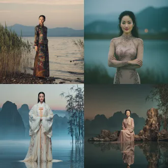 中国美人全身照，国泰民安脸，优雅微笑，传统裙装，飘逸长袖，精致刺绣，山水背景，云雾缭绕，远山如黛，竹林流水，对称构图，柔和自然光，浅景深，85mm镜头，暖色调，宁静祥和，古典韵味，细腻纹理，飘逸感。