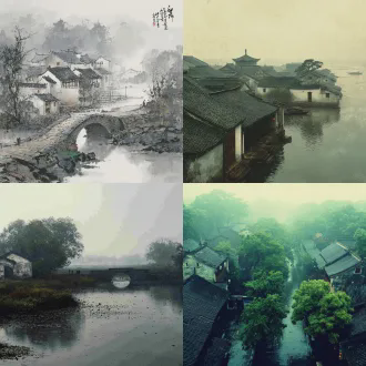 "江南烟雨朦胧，小桥流水，细雨如丝，青瓦白墙，水墨画风格，低饱和度，柔光，长焦镜头，宁静感。大漠孤烟苍茫，黄沙漫天，孤烟直上，落日余晖，粗犷质感，广角镜头，硬光，深邃感。轮回意境，古老寺庙，转经筒，僧人背影，暗色调，中景，神秘氛围，时间流逝感。"