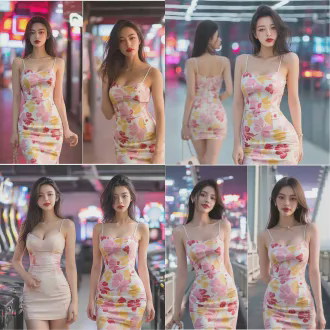 "透视装时尚大片，女性模特身着半透明时装，高级感剪裁，自信姿态，都市霓虹背景，暗色调与亮色高光对比，长焦镜头，浅景深，柔焦效果，冷色调灯光，动态姿势，优雅神秘，未来感材质，红唇与锐利眼神，时尚摄影风格，高对比度，细腻纹理，都市夜晚氛围。"