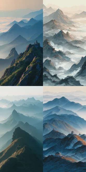 山峦与云海韵律层叠的壮丽全景，对角线构图展现透视深度，中国水墨画风格，极简主义，山巅小亭点缀，广角镜头拍摄，柔和的清晨侧光，冷色调与淡金色晨曦交融，缥缈空灵，超凡宁静。
