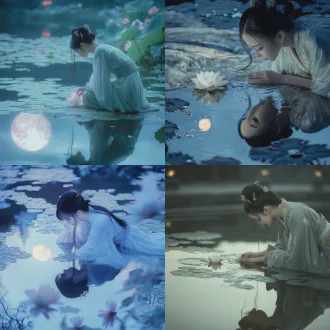 镜花水月，一位身着飘逸汉服的女子俯身凝视水中倒影，水面泛起涟漪，倒影扭曲如梦幻，背景是静谧的月夜荷塘，超现实主义风格，柔焦效果，长焦镜头，浅景深，冷色调月光，弥漫光，倒影，宁静而忧伤的情绪，细腻的纹理，油画质感，空灵氛围。
