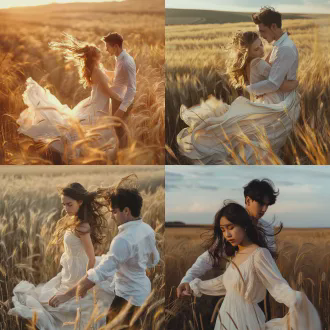 爱意随风起风止意难平，电影感肖像，一对年轻情侣在空旷的麦田中，女子白裙飘扬，男子伸手挽留，面部表情忧伤而深情，黄昏时分，金色阳光与深蓝暮色交融，柔焦效果，浅景深，50mm定焦镜头，电影灯光，情绪饱满，柔和怀旧色调，风中发丝与衣袂飘动。