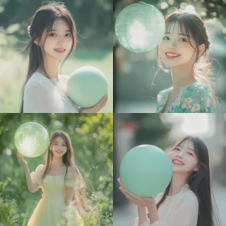 微笑着的中国女孩，时尚服装，站在嫩绿色球下，长发飘动，明亮美学照明，全身肖像，浅景深，自然光，柔和色彩，快乐表情，青春活力，时尚摄影，柔焦，背景虚化，清新氛围，正面光，甜美微笑，动态姿势，柔和阴影，生动色调