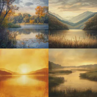 壮丽山川与宁静湖泊全景构图，印象派油画风格，自然光下柔和漫射光，广角镜头捕捉景深，晨雾弥漫，金色晨曦，温暖色调，宁静致远，胶片质感，高分辨率细节