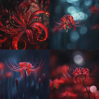 极致魅力的红色彼岸花，花海中央，一朵特写，花瓣如火焰般卷曲伸展，背景是弥漫的雾气与幽暗森林，超现实摄影，微距镜头，浅景深，戏剧性侧逆光，花瓣边缘发光，深红色与黑色对比，神秘而哀艳，充满诱惑与孤独的情绪。
