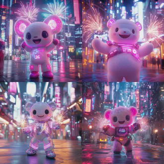 2026年吉祥物，微笑的毛绒生物站在未来城市广场中央，身着发光科技面料服装，手持数字烟花，仰角拍摄，赛博朋克与可爱风格混合，霓虹色与柔和粉色搭配，景深效果，电影灯光，温暖欢庆氛围，未来主义建筑背景，动态模糊，吉祥物设计，3d渲染，生动表情，希望与创新情感。
