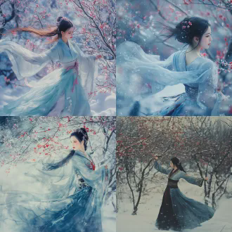 凤舞物语，踏雪寻梅，一位古装女子于雪地梅林间起舞，长袖飘飘，神情宁静超然，水墨丹青与写实摄影结合，诗意留白，柔焦效果，浅景深，侧逆光，冷冽蓝调与暖色红梅对比，缥缈，灵动，情感沉浸。