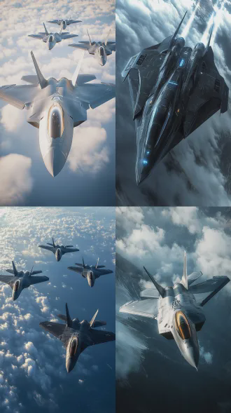 六代战机巡航领空，未来感设计，锐利线条，高空云层背景，广角镜头，长焦压缩，高动态范围，金属质感，冷色调，侧逆光，高速飞行，尾迹云，威严，科技感。