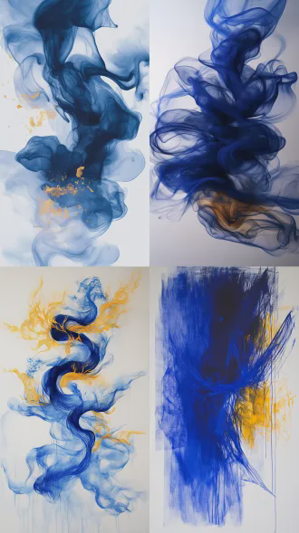 气韵生动，水墨晕染风格，抽象动态线条，流动的光影，飘逸的绸缎与云雾，中心能量漩涡，柔和散射光，高动态范围，中国风水墨画，深邃的蓝与金色，宁静而充满力量，空灵氛围。