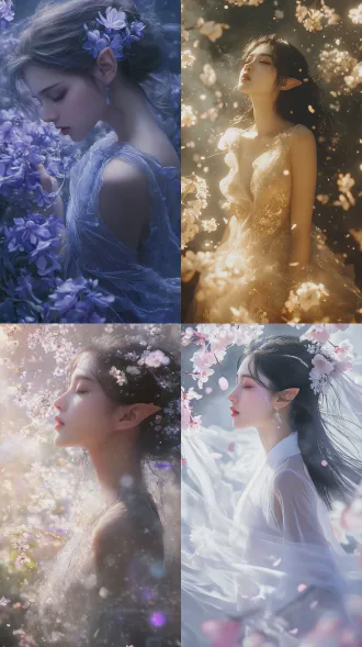 冰雪仙子降临凡间，身着晶莹薄纱长裙，面容清冷圣洁，置身繁花盛开的古典庭院，仰头闭目感受花香，柔光，浅景深，梦幻写实风格，冷色调为主点缀暖色花瓣，宁静神秘氛围，超广角镜头，背光勾勒轮廓，飘渺仙气特效，细腻皮肤纹理，华丽汉服元素。