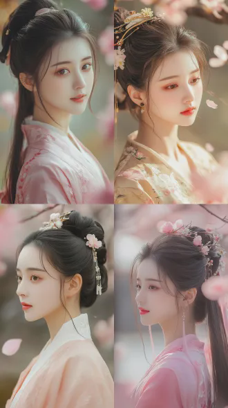 芙蓉一笑百媚生，古典美人，精致妆容，回眸浅笑，唐代华服，宫廷花园，桃花盛开，柔光，浅景深，特写镜头，油画质感，暖粉色调，优雅动人，温柔眼神，丝质服饰，花瓣飘落，诗意氛围，黄金比例构图。