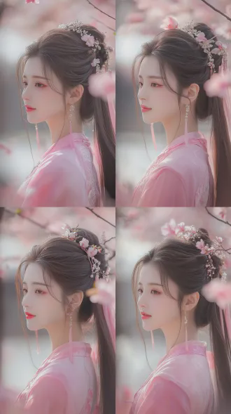 芙蓉一笑百媚生，古典美人，精致妆容，回眸浅笑，唐代华服，宫廷花园，桃花盛开，柔光，浅景深，特写镜头，油画质感，暖粉色调，优雅动人，温柔眼神，丝质服饰，花瓣飘落，诗意氛围，黄金比例构图。