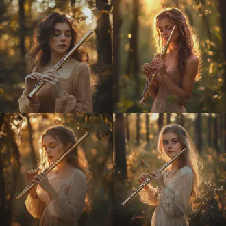 吹笛女，古典长裙，专注神情，森林背景，逆光，浅景深，柔焦，暖色调，黄昏，金色光线，宁静氛围，35mm镜头，特写，微风拂发，沉浸感。